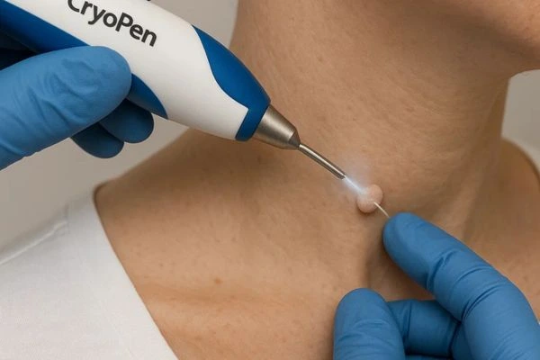 Person receiving cryotherapy West Hendon for skin tag removal